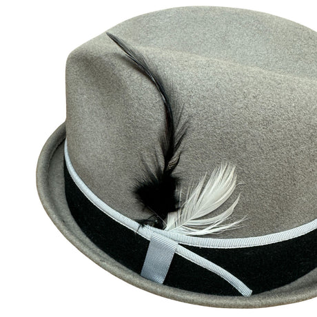 100% Wool Mens Stingy Gutter Brim Felt Hat with Petersham Trim in Grey M - Black/White Feathers