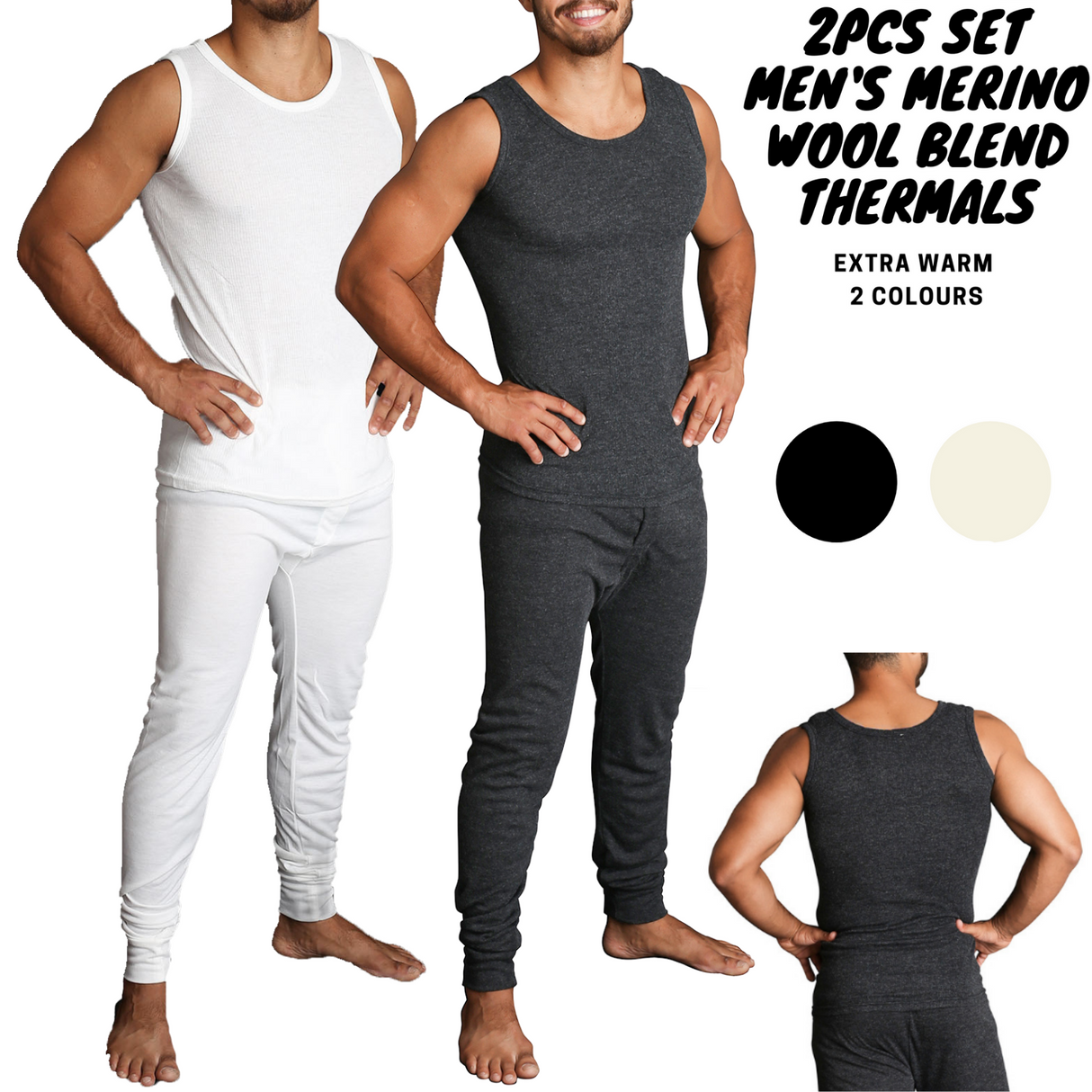 2pcs Set Mens Merino Wool Blend Thermal Singlet Top & Pants Underwear Thermals