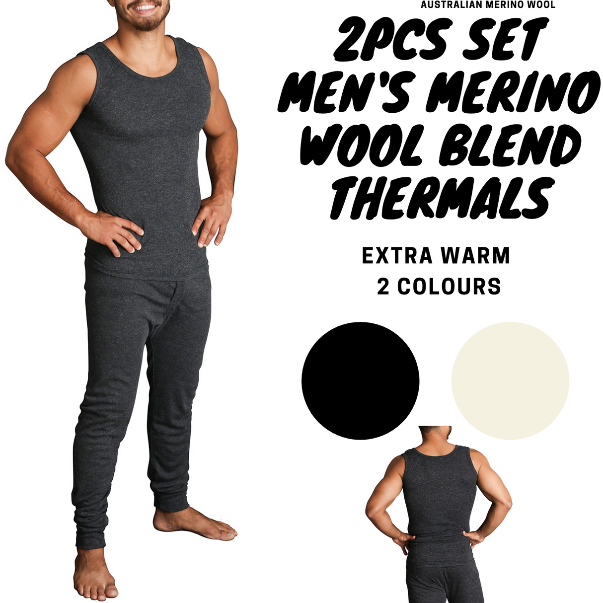 2pcs Set Mens Merino Wool Blend Thermal Singlet Top & Pants Underwear Thermals