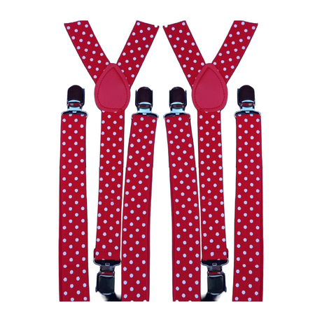 2x Mens Suspenders Braces Adjustable Strong Clip On Elastic Formal Wedding Slim - Red with White Polka Dot