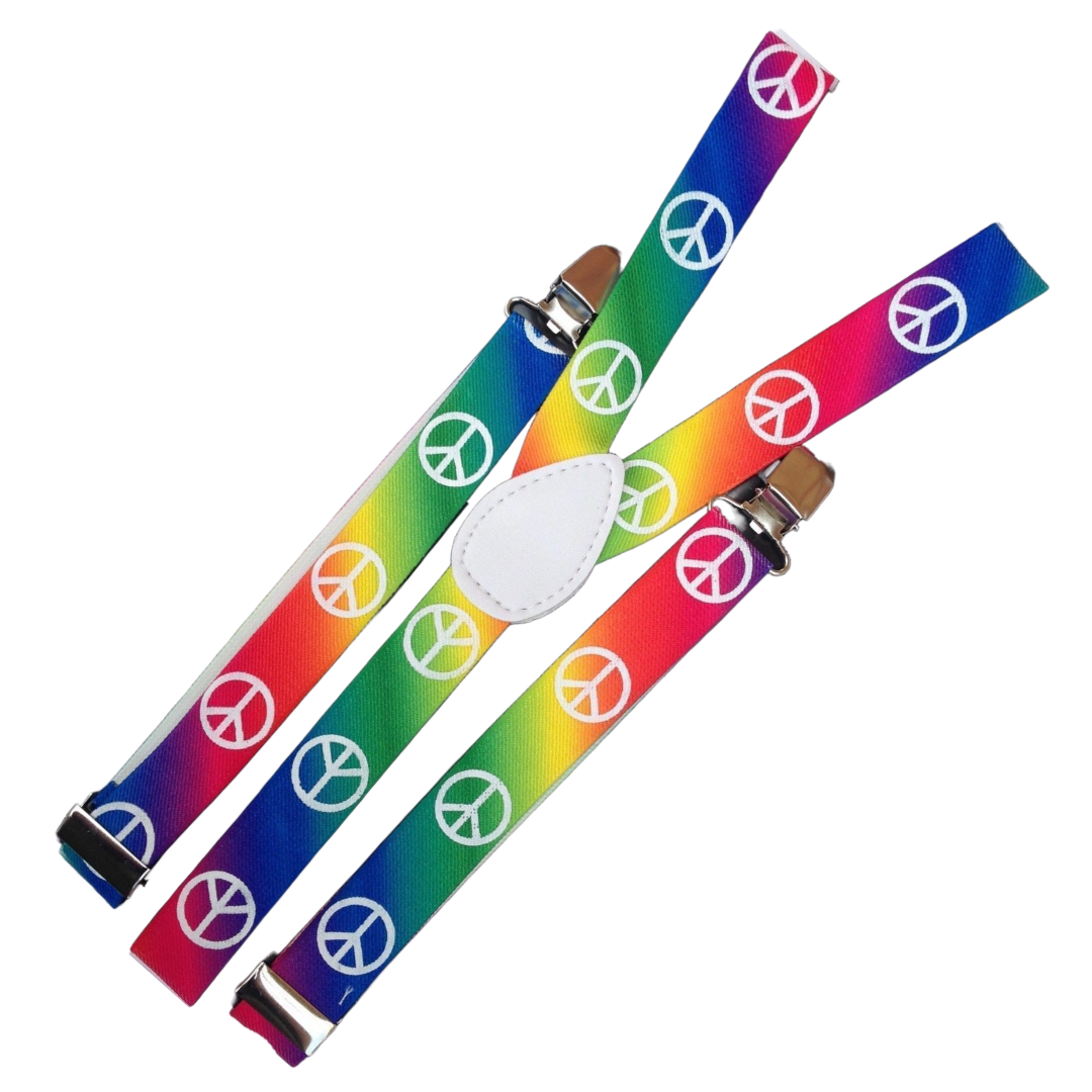 2x Mens Suspenders Braces Adjustable Strong Clip On Elastic Formal Wedding Slim - Rainbow with Peace Symbol