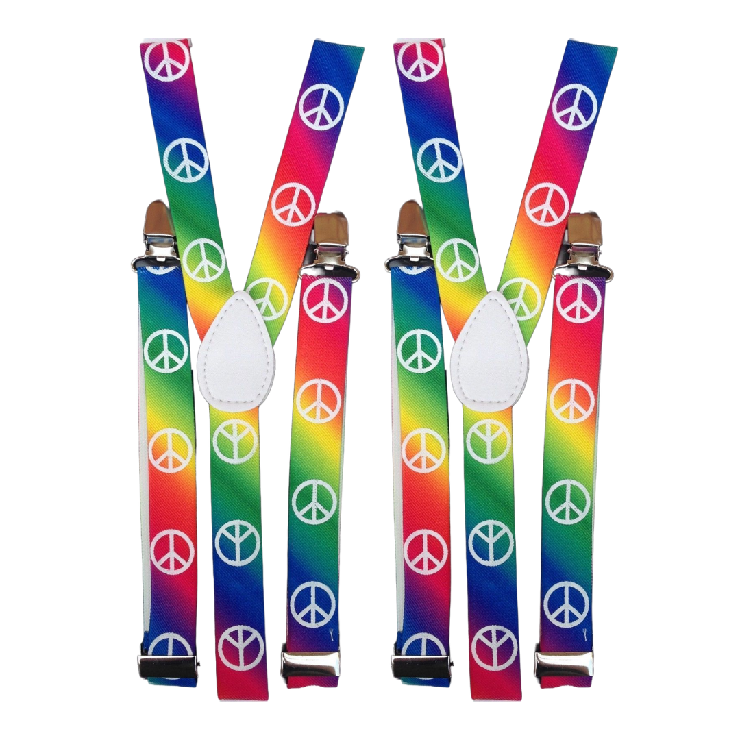 2x Mens Suspenders Braces Adjustable Strong Clip On Elastic Formal Wedding Slim - Rainbow with Peace Symbol