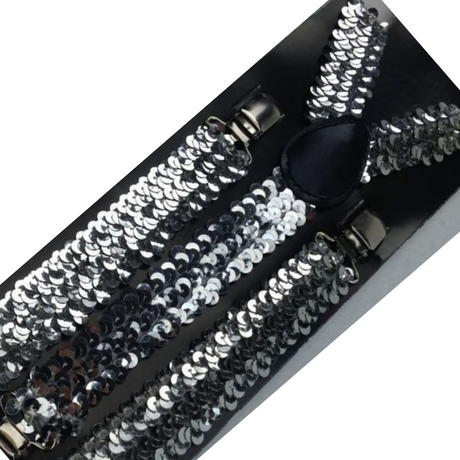 2x Mens Suspenders Braces Adjustable Strong Clip On Elastic Formal Wedding Slim - Silver (Sequin)