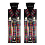 2x Mens Suspenders Braces Adjustable Strong Clip On Elastic Formal Wedding Slim - Tartan 2