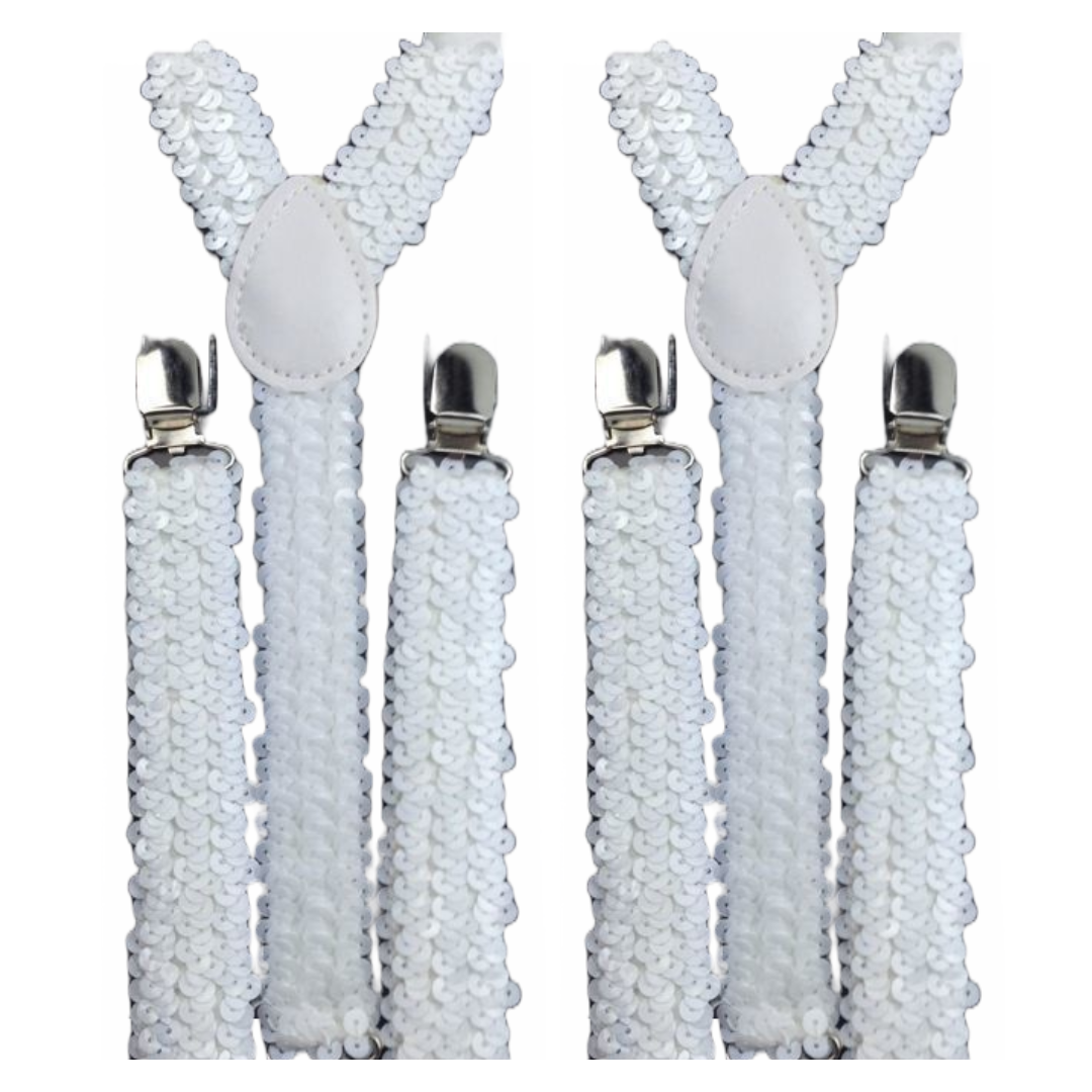 2x Mens Suspenders Braces Adjustable Strong Clip On Elastic Formal Wedding Slim - White (Sequin)