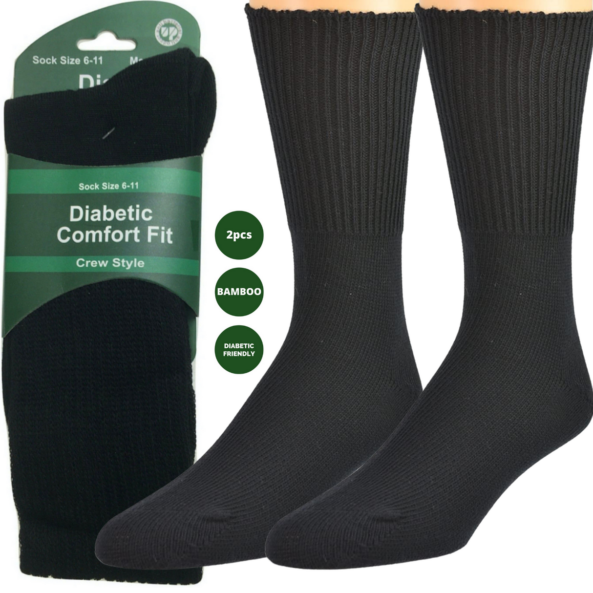 2 Pairs DIABETIC BAMBOO Socks Work Socks Medical Loose Top Crew Cushion BLACK