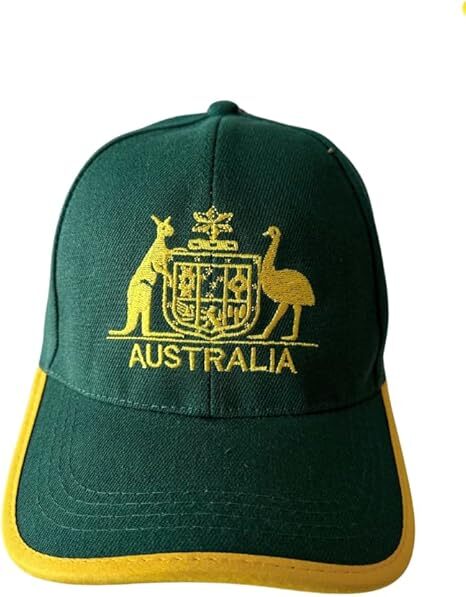 Australia Baseball Cap - Green & Gold with Kangaroo & Emu Design, Adjustable Fit