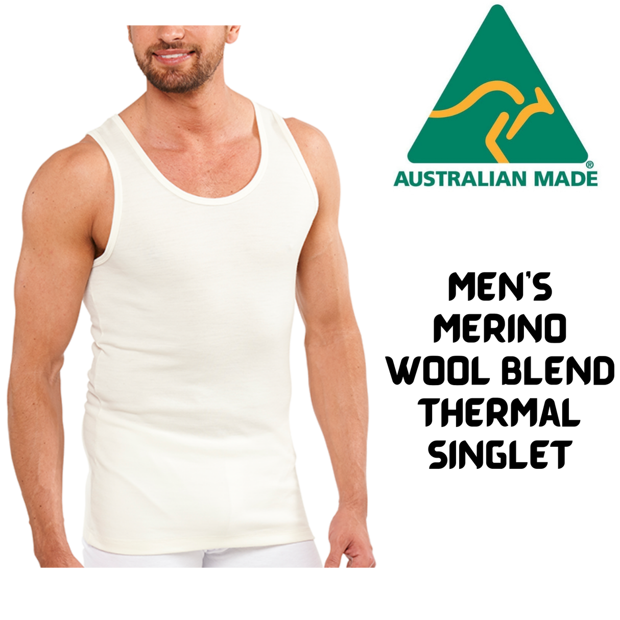 Mens Thermal Singlet Sleeveless Top Merino Wool Blend AUS MADE Thermals