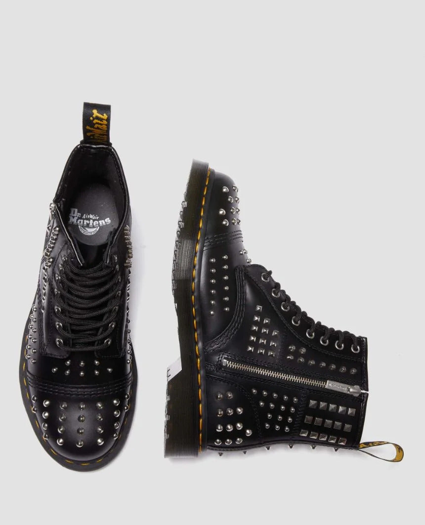 Dr. Martens 1460 Studded Zip Atlas Leather Lace Up Boots Shoes - Black