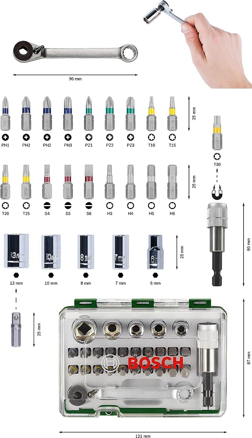 Bosch Accessories 27-Piece Screwdriver Bit and Ratchet Set (with Colour Coding, Accessories for Screwdrivers)