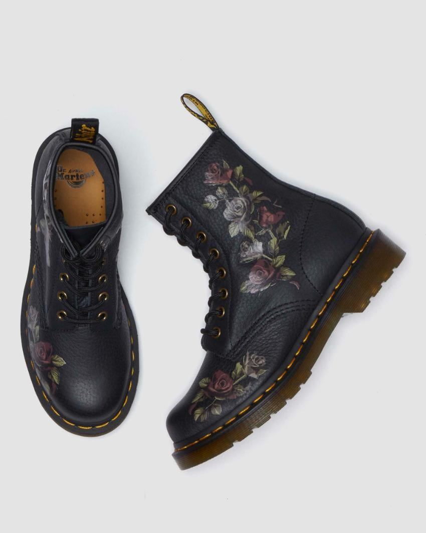 Dr. Martens 1460 8 Eye Leather Boots Decayed Roses Vonda Nappa in Black