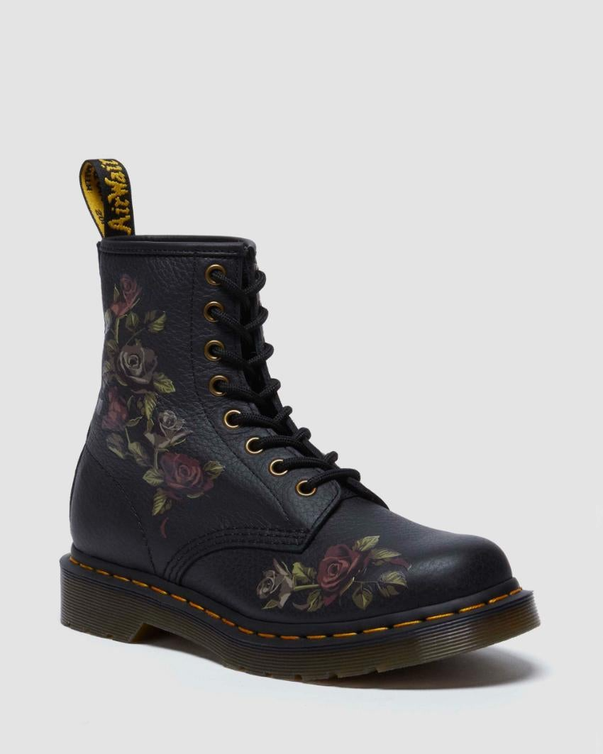 Dr. Martens 1460 8 Eye Leather Boots Decayed Roses Vonda Nappa in Black