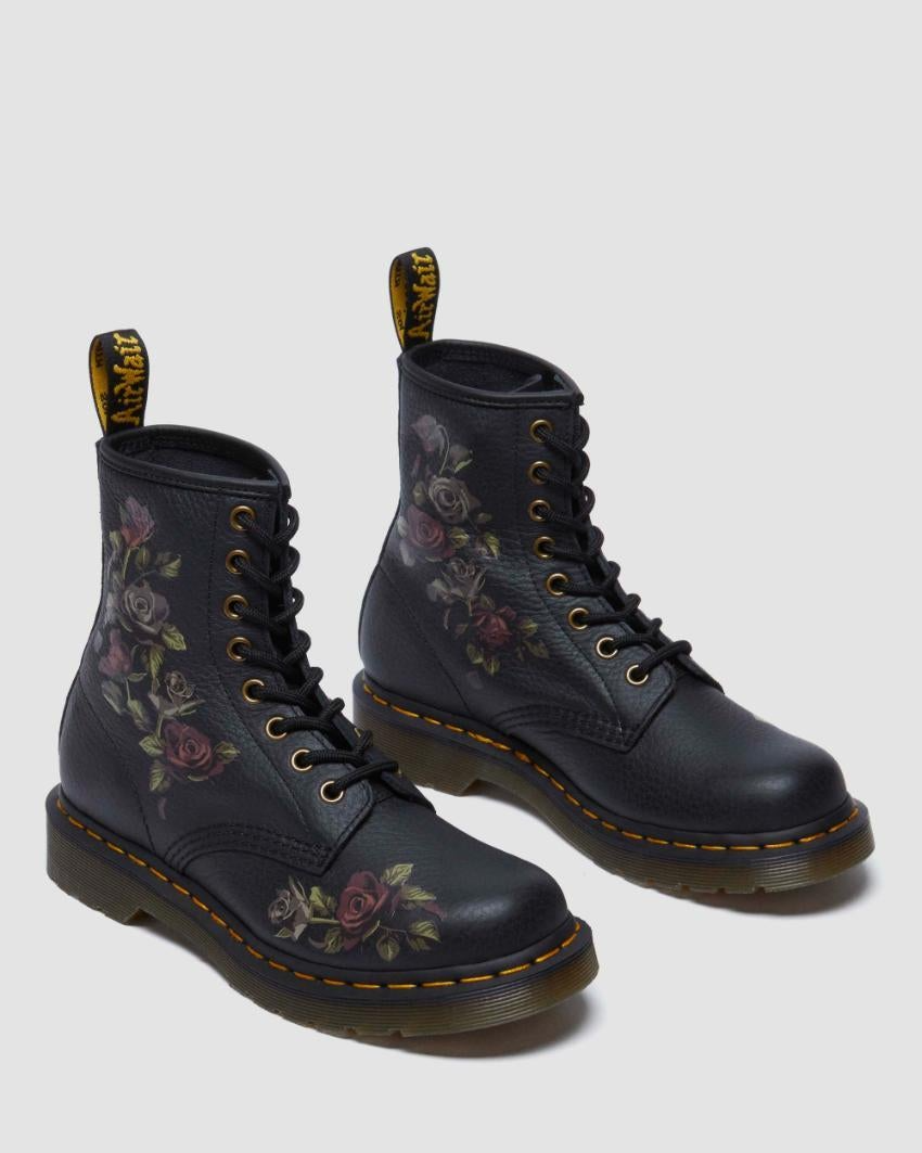 Dr. Martens 1460 8 Eye Leather Boots Decayed Roses Vonda Nappa in Black