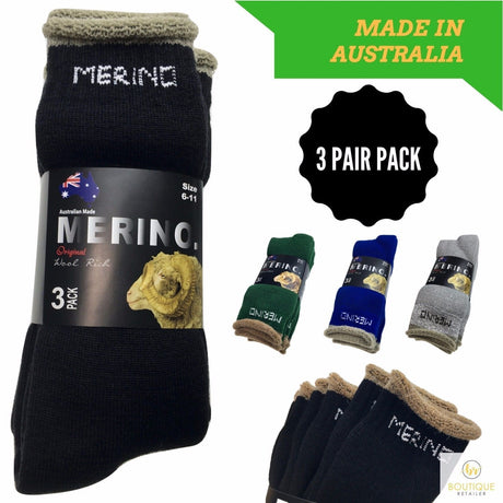 3 Pairs MERINO WOOL SOCKS Mens Heavy Duty Premium Thick Work Socks Cushion - Black