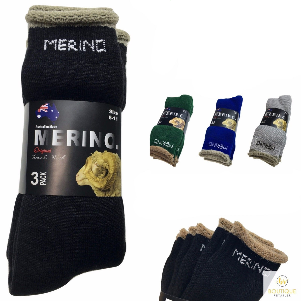 3 Pairs MERINO WOOL SOCKS Mens Heavy Duty Premium Thick Work Socks Cushion