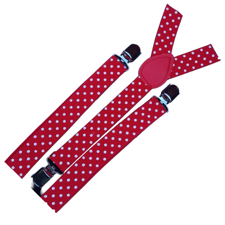 3x Mens Suspenders Braces Adjustable Strong Clip On Elastic Formal Wedding Slim - Red with White Polka Dot