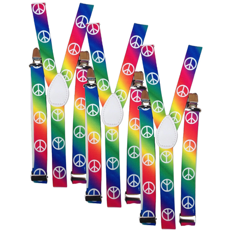 3x Mens Suspenders Braces Adjustable Strong Clip On Elastic Formal Wedding Slim - Rainbow with Peace Symbol