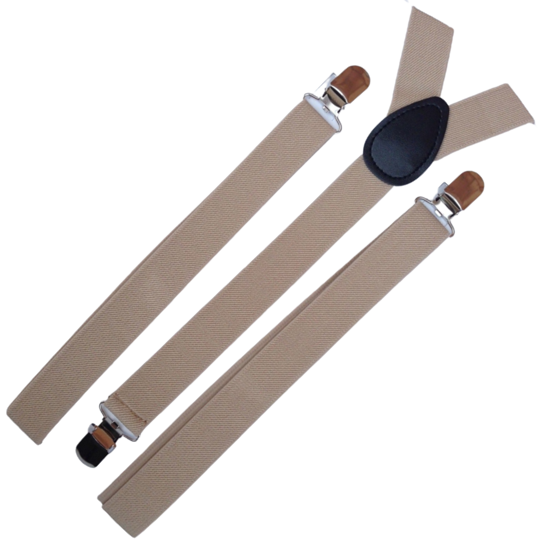 3x Mens Suspenders Braces Adjustable Strong Clip On Elastic Formal Wedding Slim - Beige