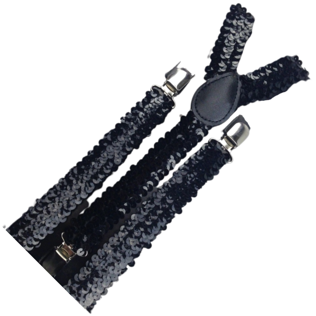 3x Mens Suspenders Braces Adjustable Strong Clip On Elastic Formal Wedding Slim - Black (Sequin)