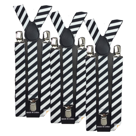 3x Mens Suspenders Braces Adjustable Strong Clip On Elastic Formal Wedding Slim - Black/White Diagonal Stripes