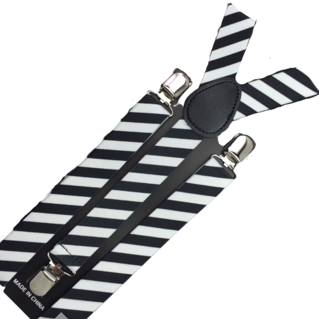 3x Mens Suspenders Braces Adjustable Strong Clip On Elastic Formal Wedding Slim - Black/White Diagonal Stripes