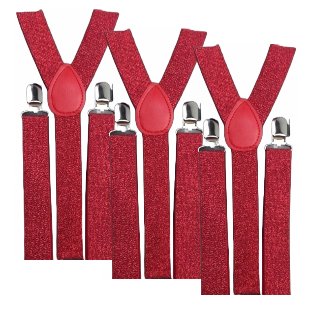 3x Mens Suspenders Braces Adjustable Strong Clip On Elastic Formal Wedding Slim - Red (Glitter)