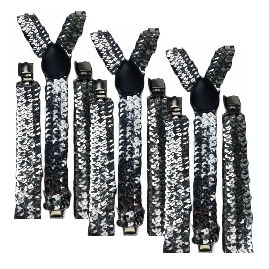 3x Mens Suspenders Braces Adjustable Strong Clip On Elastic Formal Wedding Slim - Silver (Sequin)