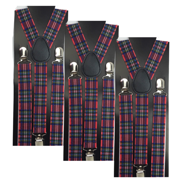 3x Mens Suspenders Braces Adjustable Strong Clip On Elastic Formal Wedding Slim - Tartan 2