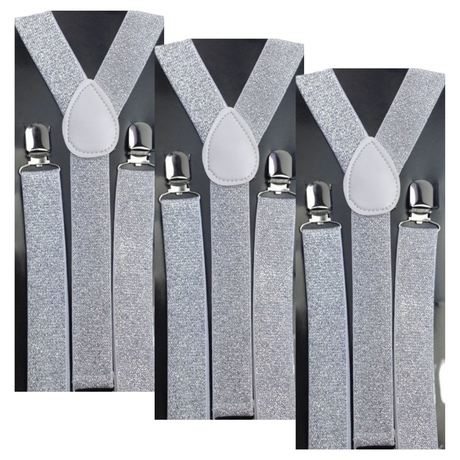 3x Mens Suspenders Braces Adjustable Strong Clip On Elastic Formal Wedding Slim - White (Glitter)