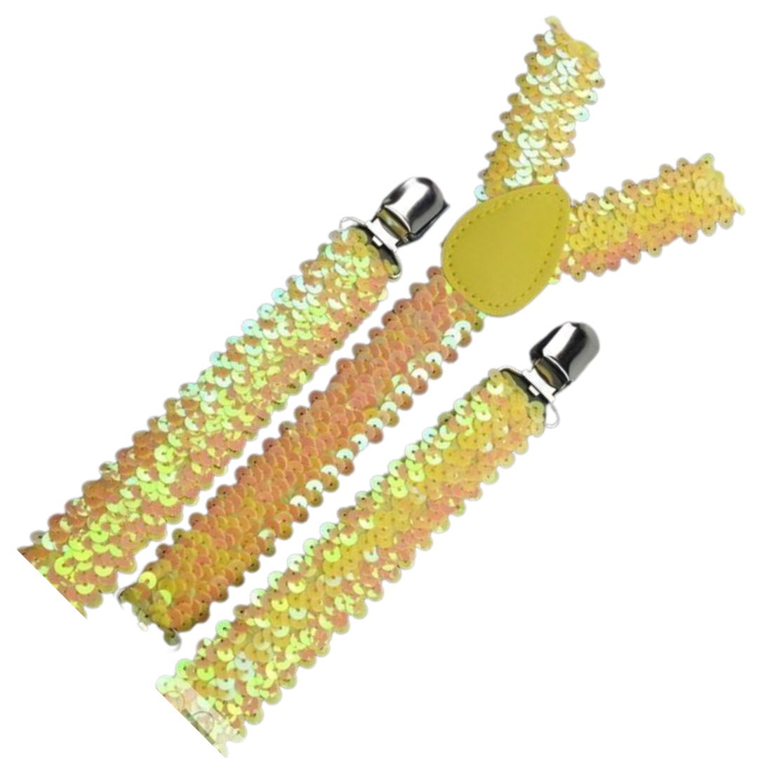 3x Mens Suspenders Braces Adjustable Strong Clip On Elastic Formal Wedding Slim - Yellow (Sequin)