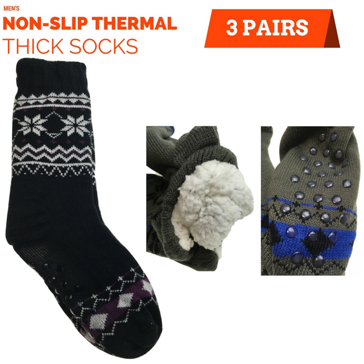 3 Pairs Mens Non Slip Thick Fur Warm Winter Bed Socks Thermal Warm Cushion BULK