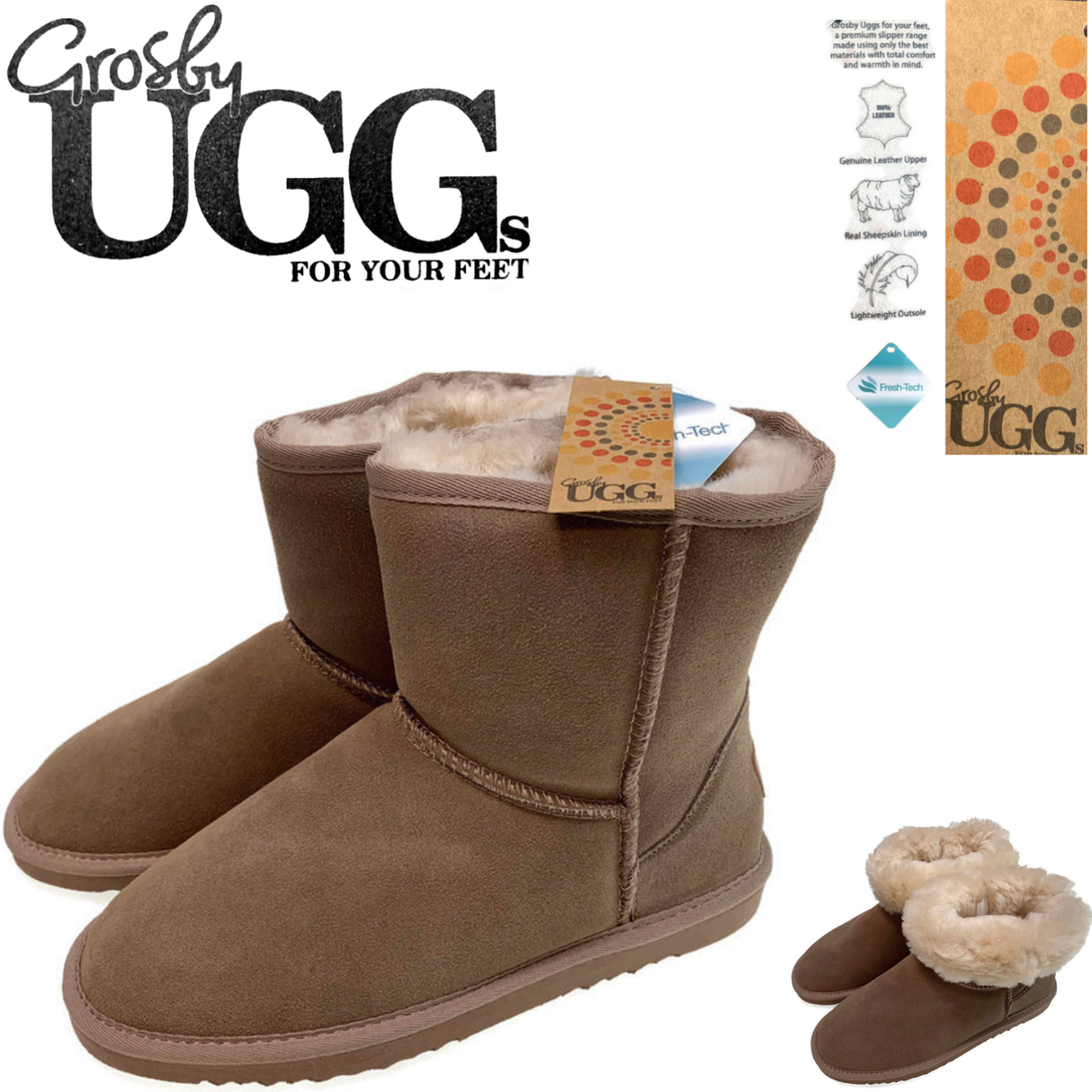 GROSBY Jillaroo Ladies UGG Boots Genuine Sheepskin Suede Leather High Classic Moccasins - Mushroom