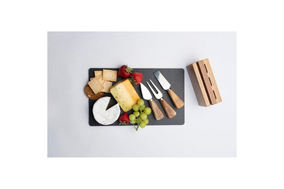 4pc Euroline Slate Wood 30cm Cheese Board w/ Plane Knife / Fork - Brown