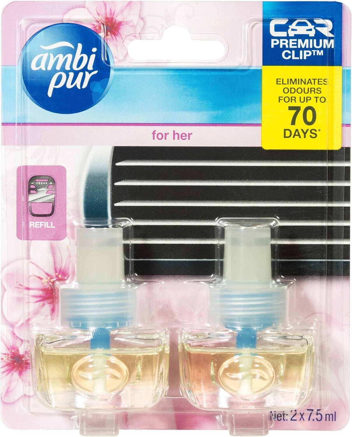 Ambi Pur Premium Clip Car Air Freshener For Her Refill 2 x 7.5mL