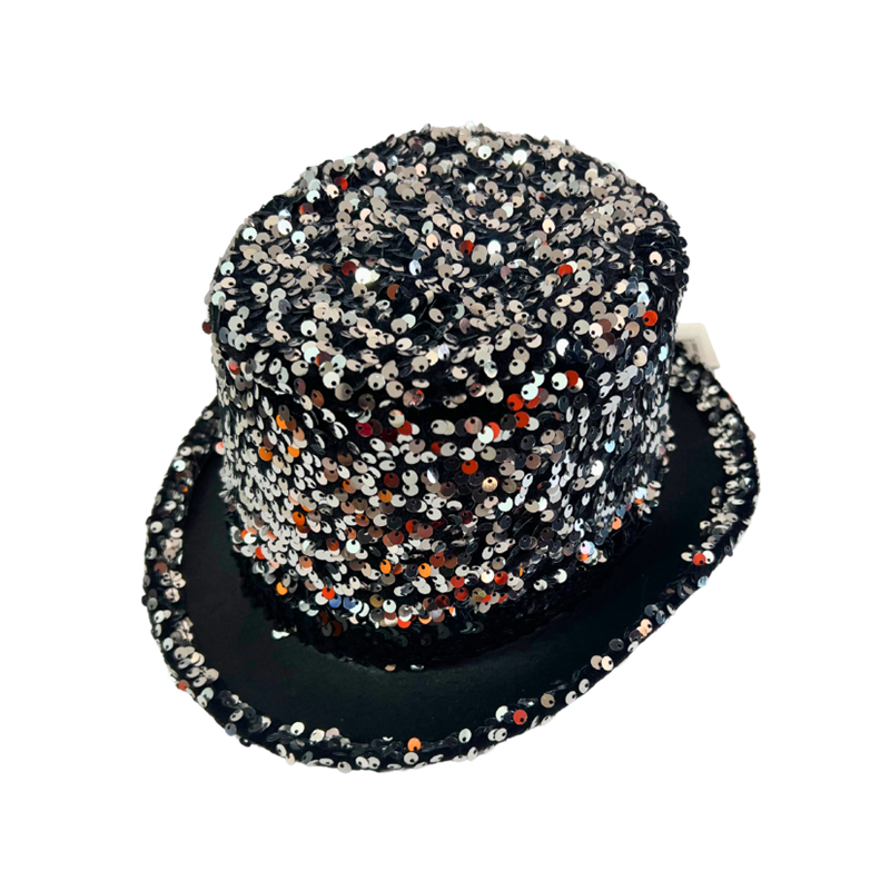 Sequin Top Hat Costume Party Cap Fancy Dress Trilby Fedora One Size - Silver/Black