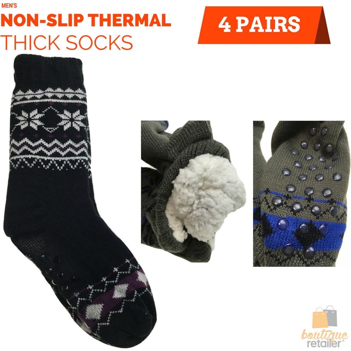 4 Pairs Mens Non Slip Thick Fur Warm Winter Bed Socks Thermal Warm Cushion BULK