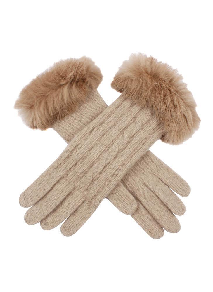 Dents Womens Cable Knit Gloves with Fur Cuffs - Oatmeal