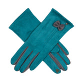 Dents Womens Touchscreen Velour-Lined Faux Suede Gloves with Bow in Petrol/Charcoal