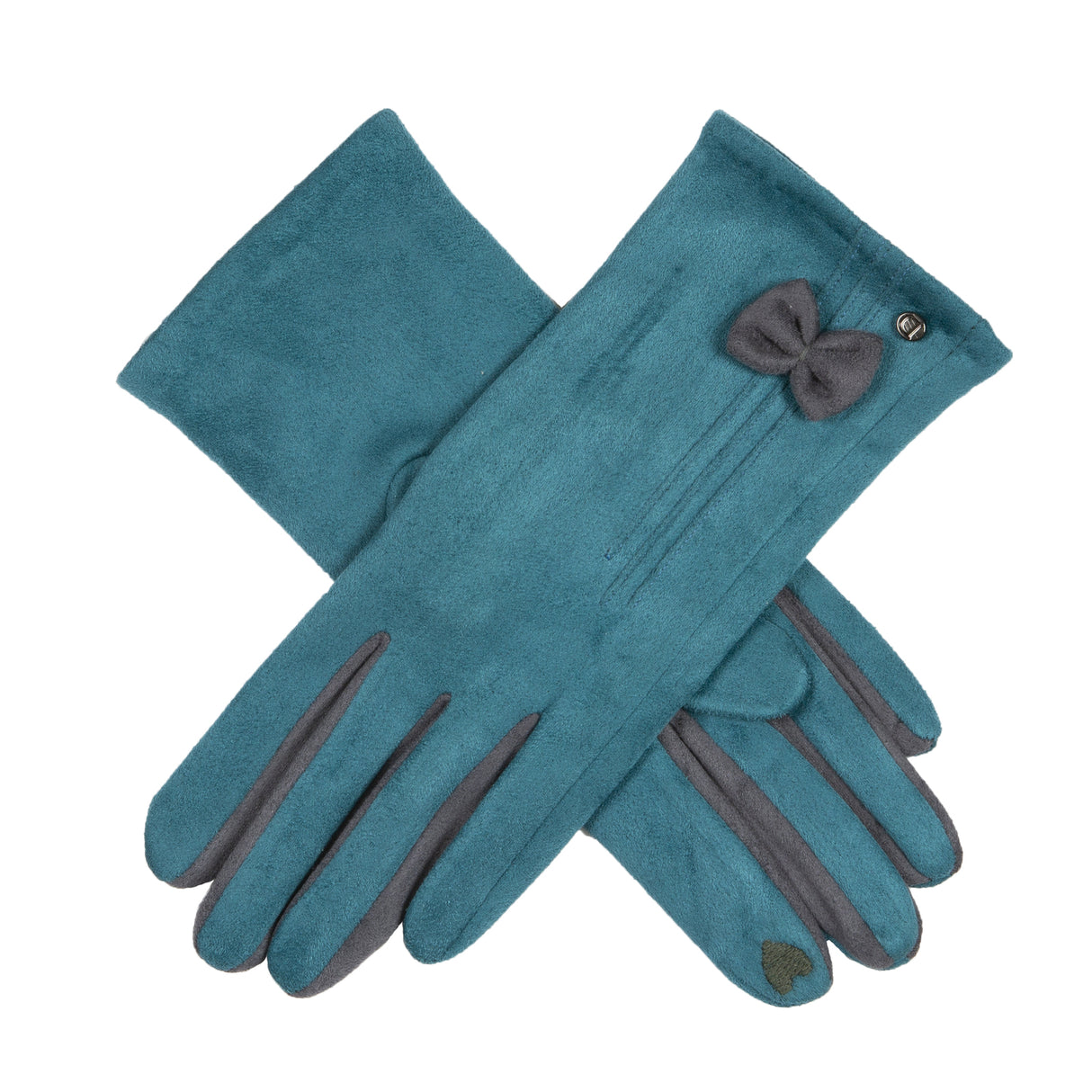 Dents Womens Touchscreen Velour-Lined Faux Suede Gloves with Bow in Petrol/Charcoal