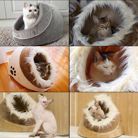 Plush Pet Bed Cave for Cat or Small Dogs Foldable Kennel in Beige