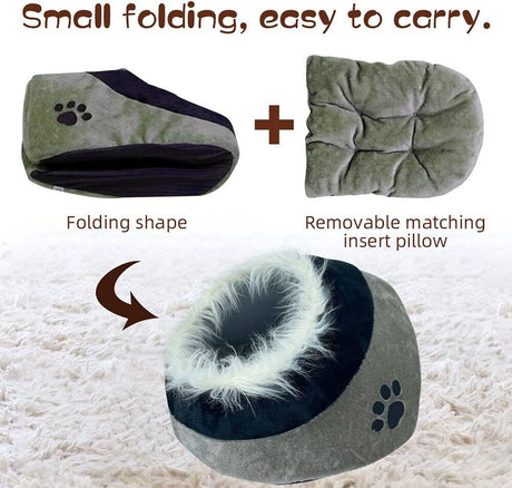 Plush Pet Bed Cave for Cat or Small Dogs Foldable Kennel in Dark Grey