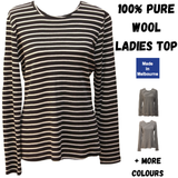 Womens Long Sleeve 100% Pure Wool Stripe Knit Top Warm Winter Thermal Base Layer