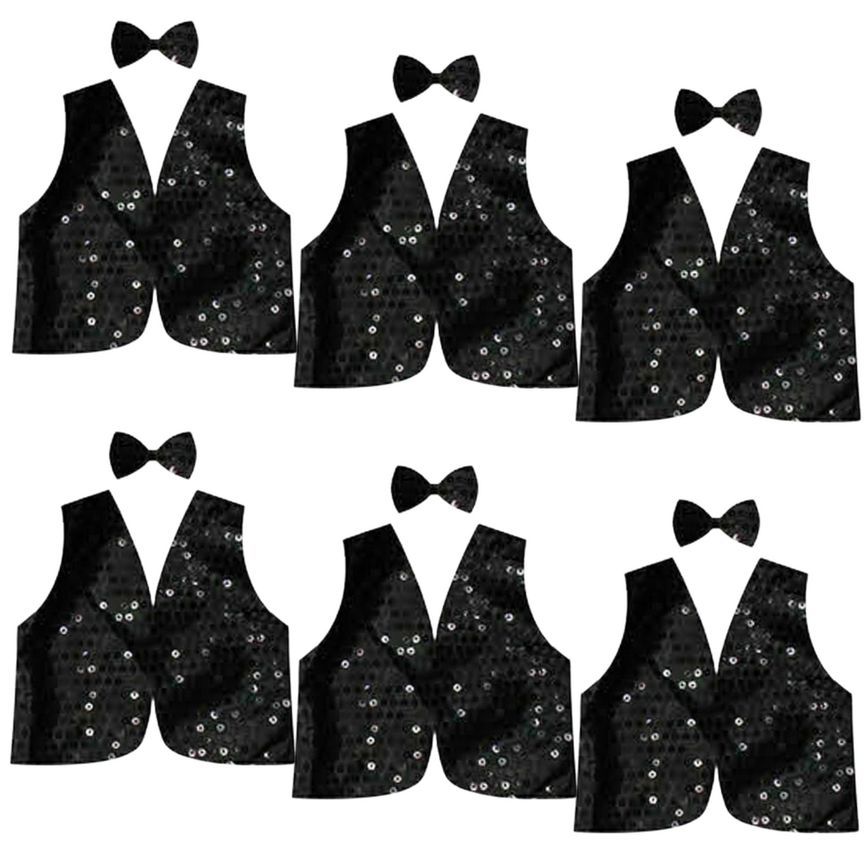 6x Kids Sequin Vest Bow Tie Set Costume 80s Party Dress Up Waistcoat - Black