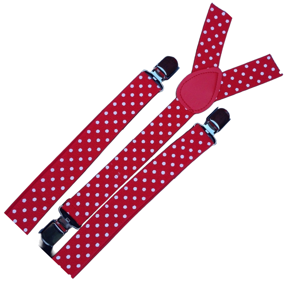 6x Mens Suspenders Braces Adjustable Strong Clip On Elastic Formal Wedding BULK - Red with White Polka Dot