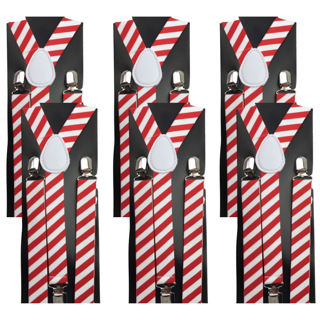 6x Mens Suspenders Braces Adjustable Strong Clip On Elastic Formal Wedding BULK - Red/White Diagonal Stripes