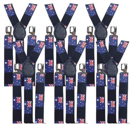 6x Mens Suspenders Braces Adjustable Strong Clip On Elastic Formal Wedding BULK - Australia Flag