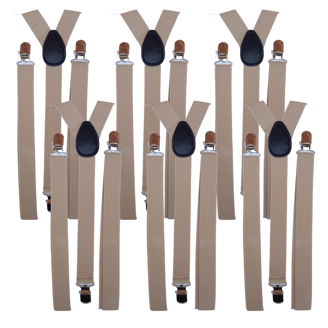 6x Mens Suspenders Braces Adjustable Strong Clip On Elastic Formal Wedding BULK - Beige