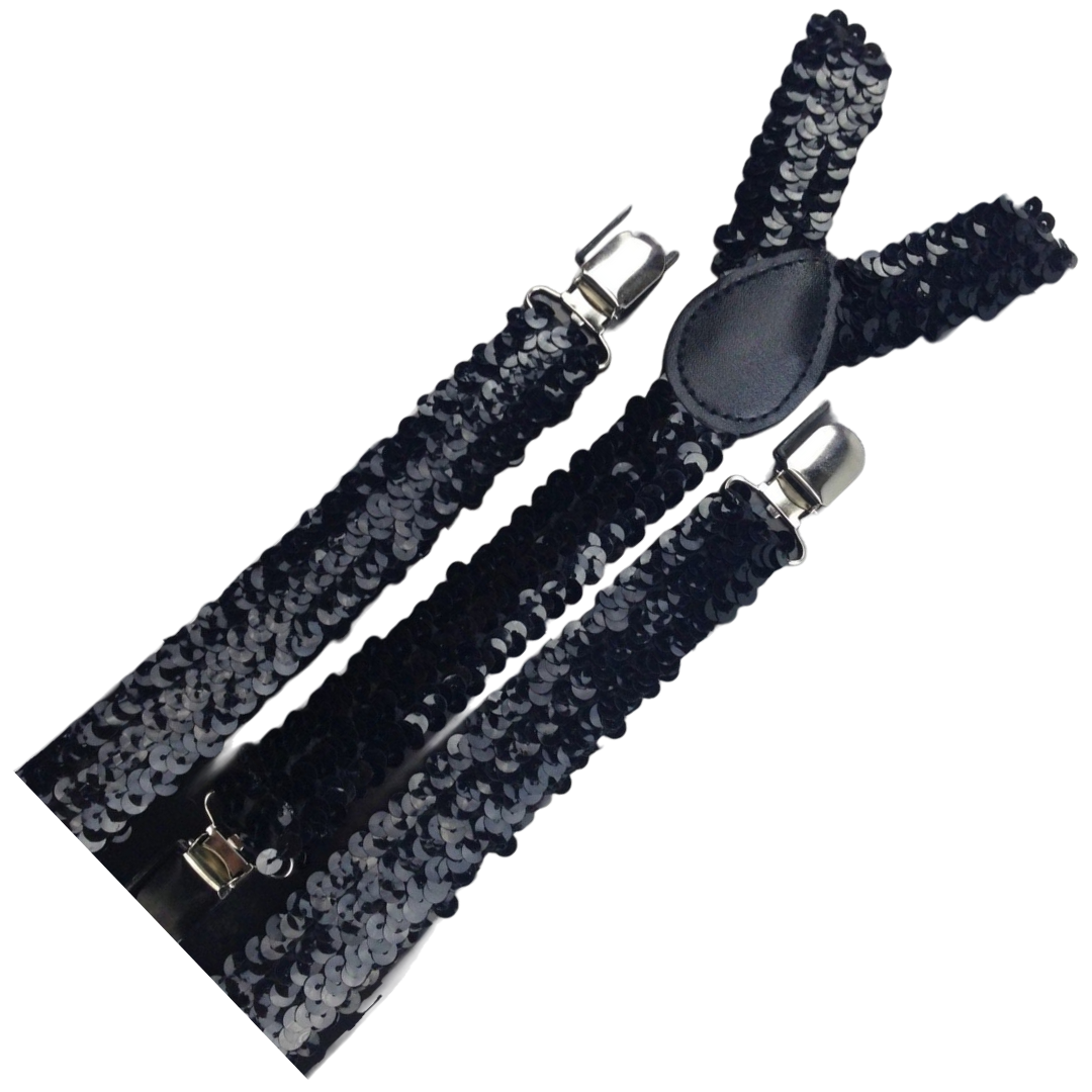 6x Mens Suspenders Braces Adjustable Strong Clip On Elastic Formal Wedding BULK - Black (Sequin)