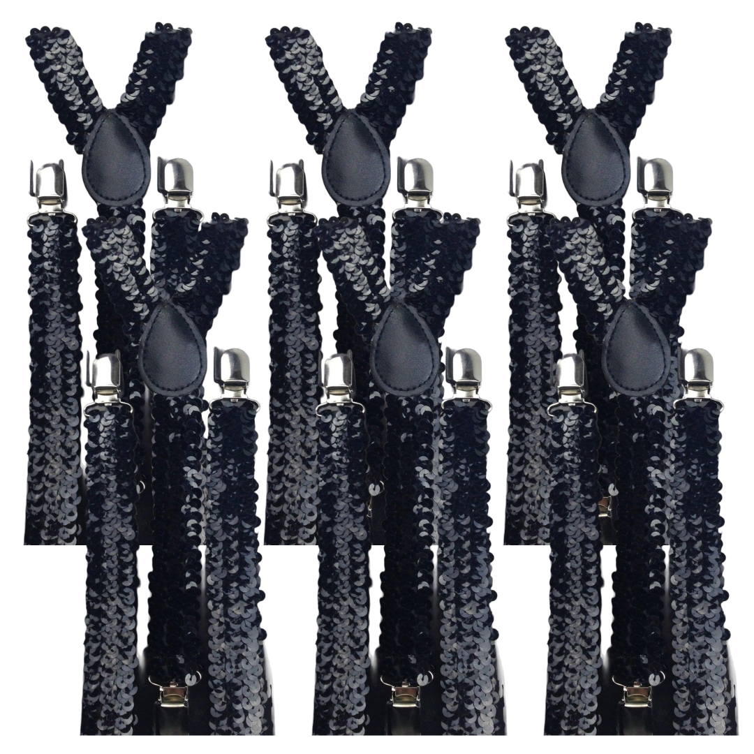 6x Mens Suspenders Braces Adjustable Strong Clip On Elastic Formal Wedding BULK - Black (Sequin)