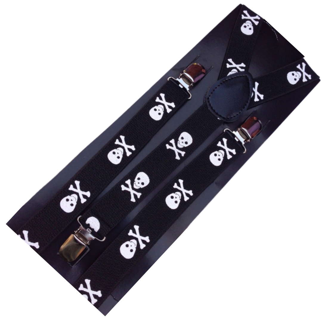 6x Mens Suspenders Braces Adjustable Strong Clip On Elastic Formal Wedding BULK - Black with White Skulls